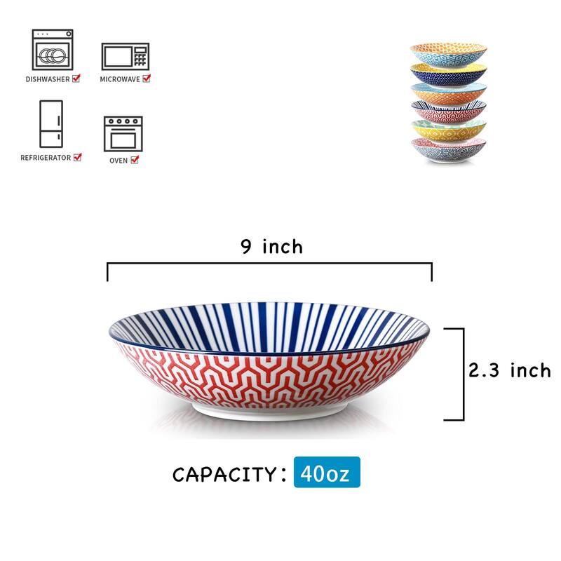 Porcelain 40oz Large Bowls 9 inch Big Pasta Salad Bowls, Microwave and Oven Safe,Set of 6