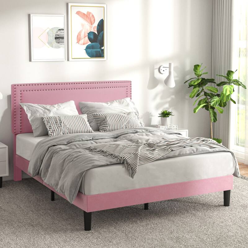 Upholstered Platform Bed Frame with Adjustable Headboard, Velvet Nailhead Trim, No Box Spring Needed