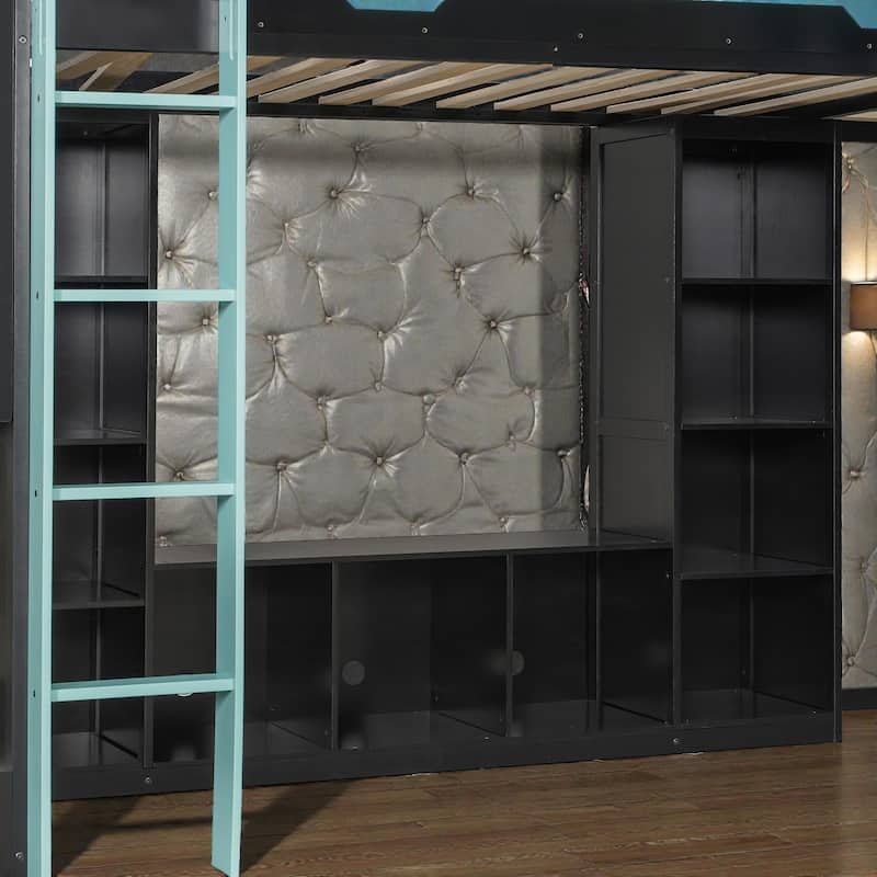 L-Shaped Twin Gaming Bed Frame with RGB LED Lights, USB Ports, TV Stand, Storage Shelves & Reversible Loft Design