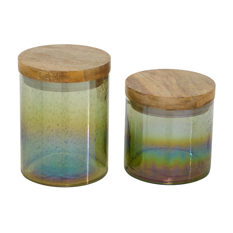 Wood Ombre Decorative Jars with Wood Lid - Set of 2 Multi Colored - Roche River Decor - 5"W x 5"L x 7"H