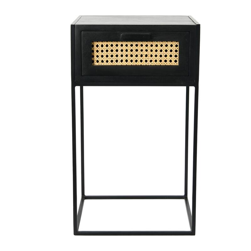 Solid Wood Nightstand with Metal Legs and Woven Cane Drawer Detail