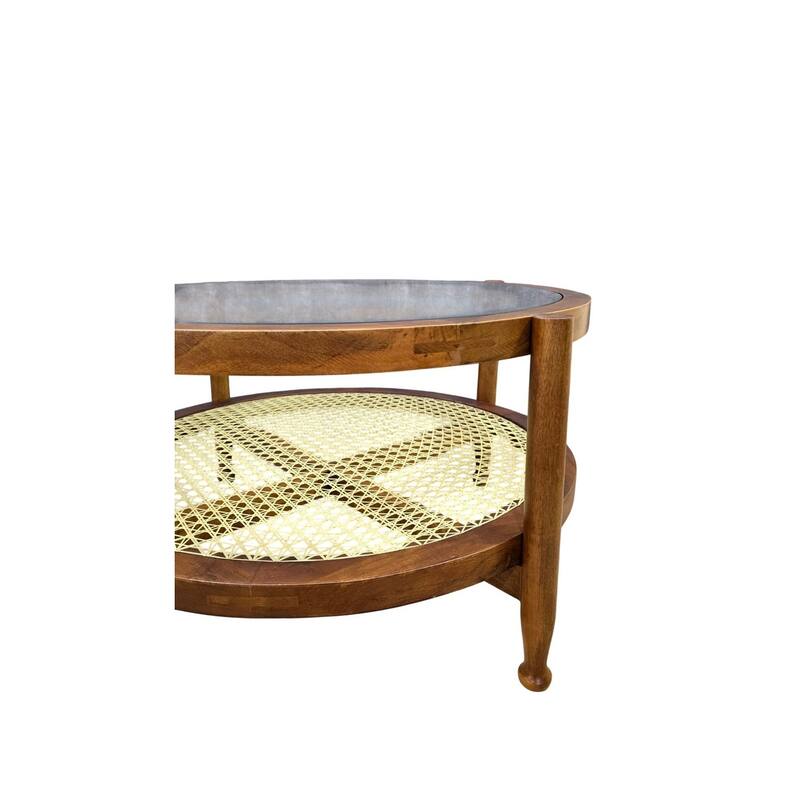 30" Hyacinth Round Coffee Table with Shelf - Elegant Glass Top and Wooden Frame Storage Table