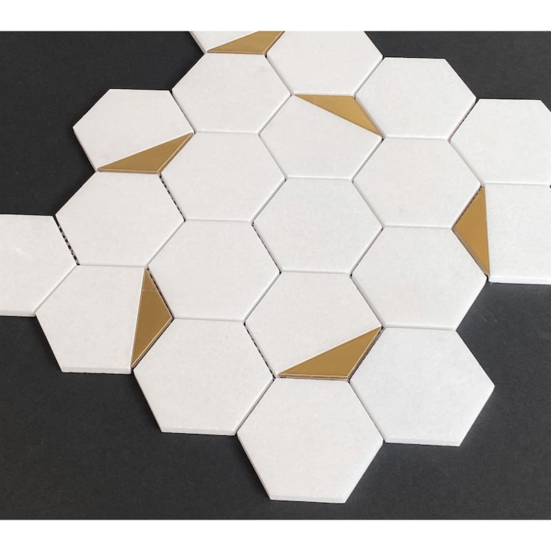 Thassos Whtie with Gold Metal 3" Hexagon Marble Wall and Floor Mosaic - Case (10 Sheets)