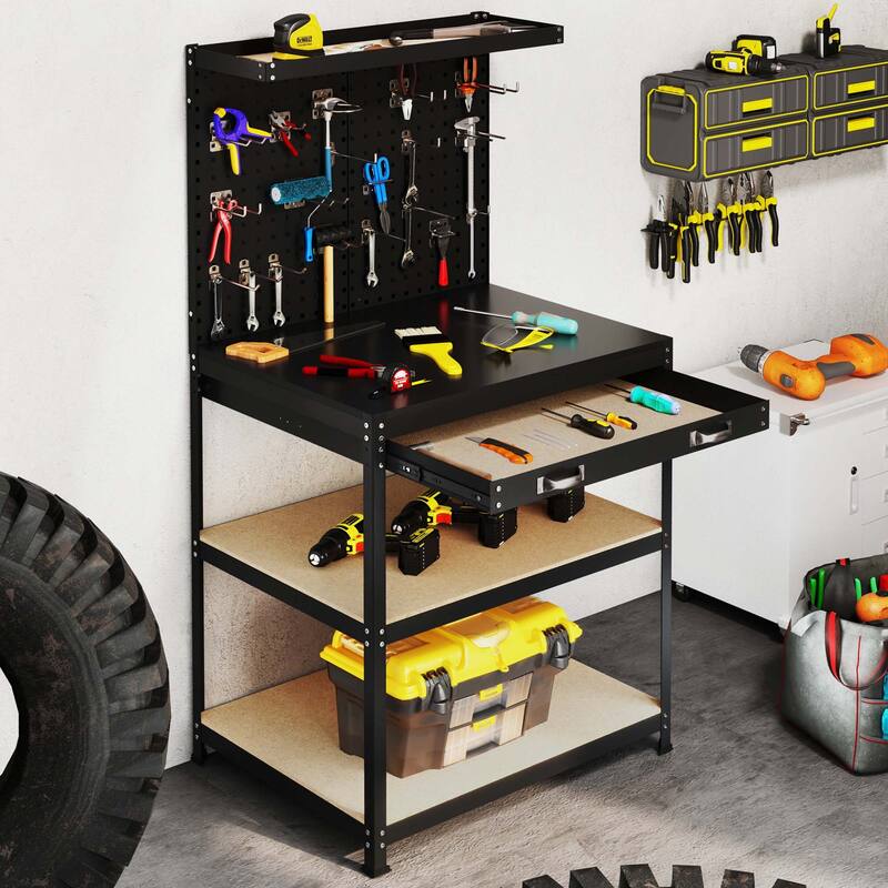 Gymax 32'' x 16'' Workbench w/ Pegboard 20PCS Tool Hooks Drawer & Open