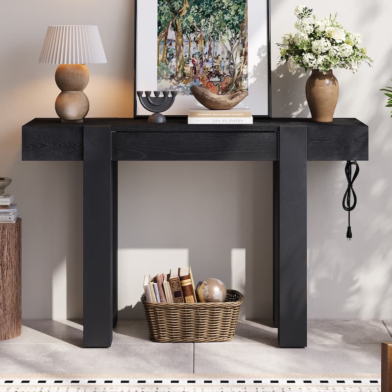 Rustic Minimalist Console Table with 1 Hidden Drawer and Side Power Outlet - Black
