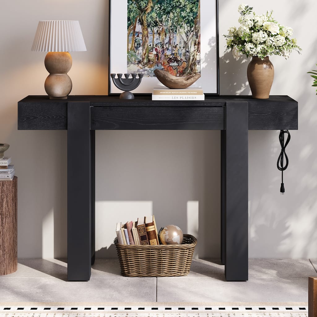 Rustic Minimalist Console Table with Hidden Drawer Side Power Outlet and Type-C Charging, for Entryway, Living Room, Black