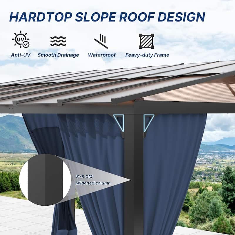 Wall Mounted Gazebo, Hardtop Permanent Outdoor Shade Canopy with Curtains for Deck, Backyard, Patio