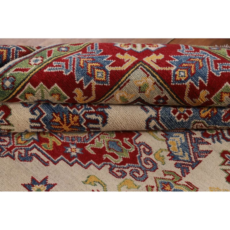 Beige Geometric Kazak Oriental Area Rug Hand-Knotted Wool Carpet - 5'1" x 6'6"