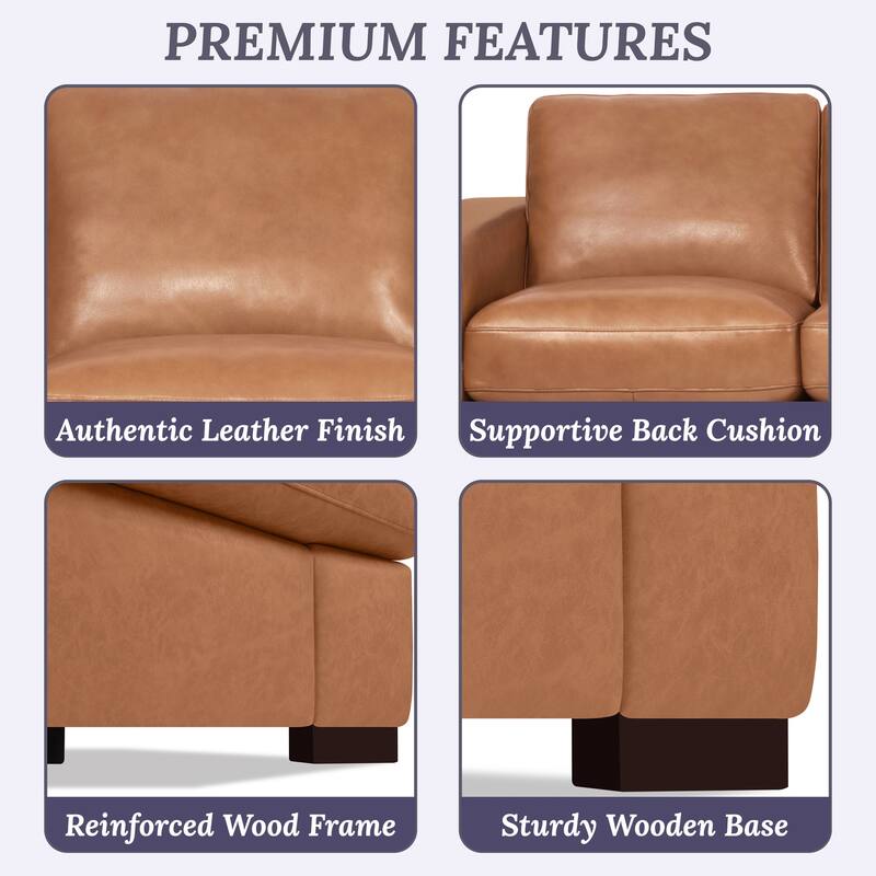 Oversized Genuine Leather Sofa with Plush Feather Cushions, Square Arms, and Sturdy Block Legs