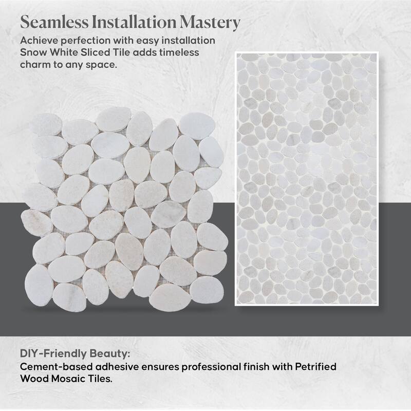 Snow White Sliced Pebble Mosaic, Backsplash Kitchen Walls, Shower and Bathroom Floors 12" X 12" (5 Sqft per case)