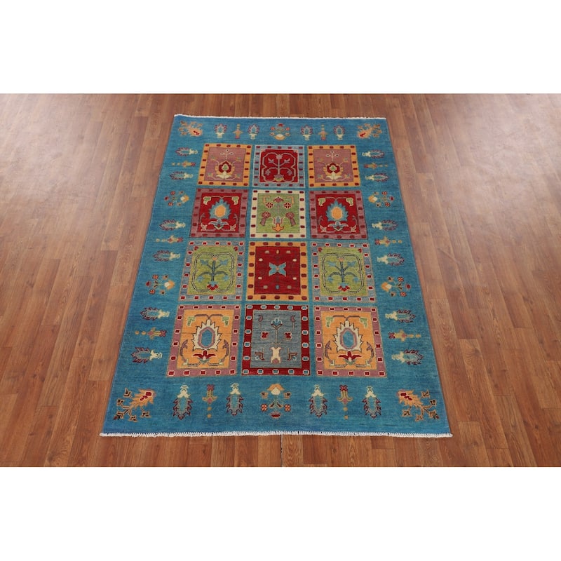 Garden Design Blue Kazak Accent Rug Handmade Wool Carpet - 4'1" x 6'0"