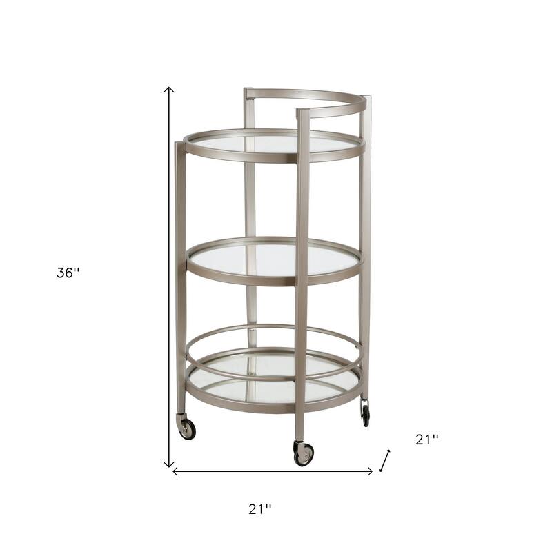 Modern Round Bar Cart with 3 Tempered Glass Shelves and Rolling Wheels - 21" x 21" x 36"