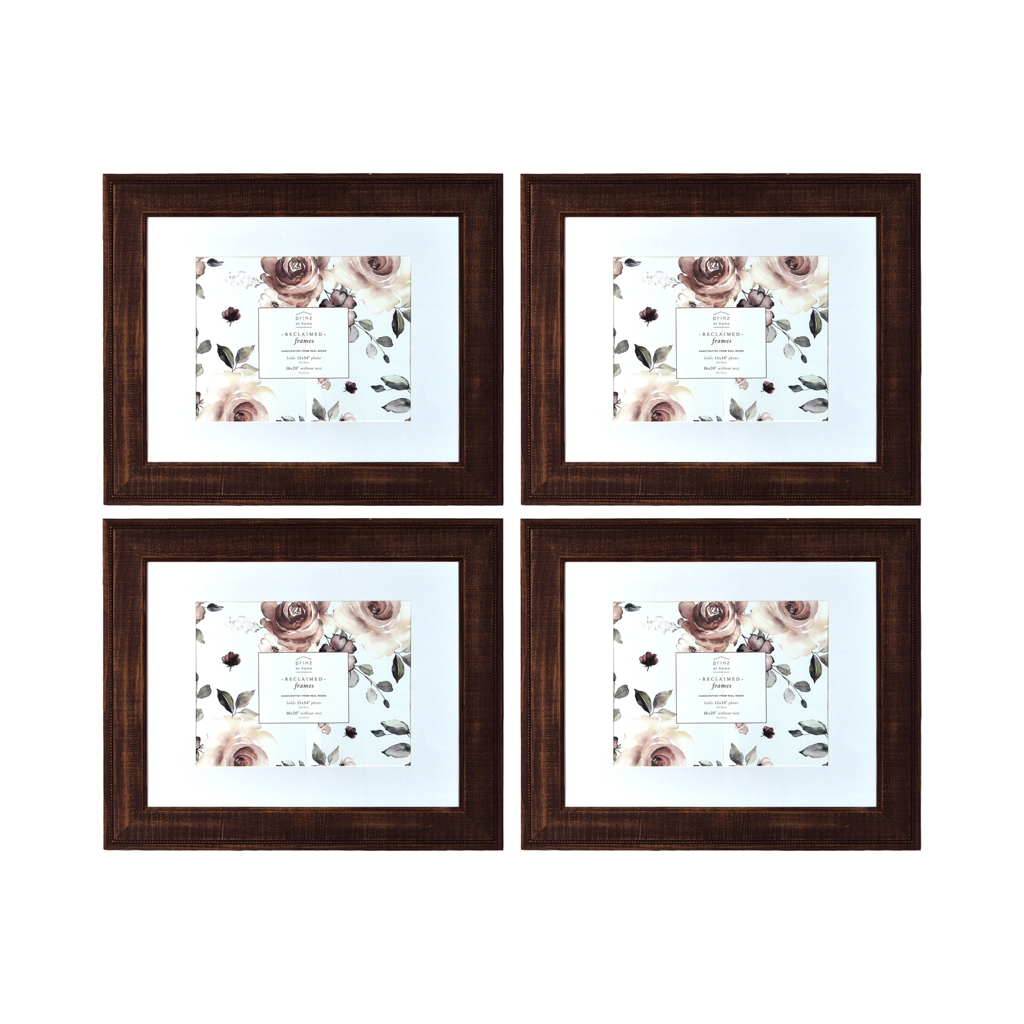 Reclaimed 16' x 20' or 11' x 14' Walnut Finish Rustic Beaded Picture Frame, Set of Four