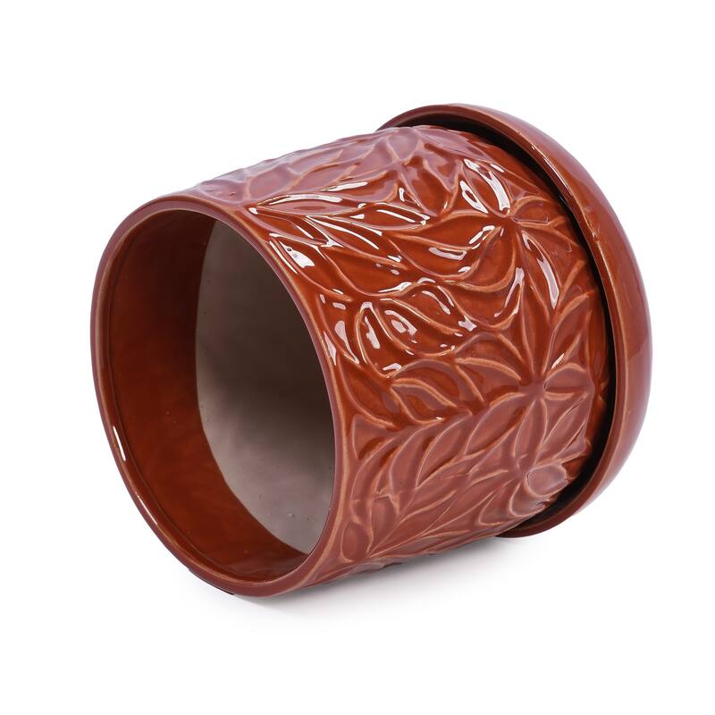 Set of 2 Handmade Modern Embossed Leaf Ceramic Planters with Saucers