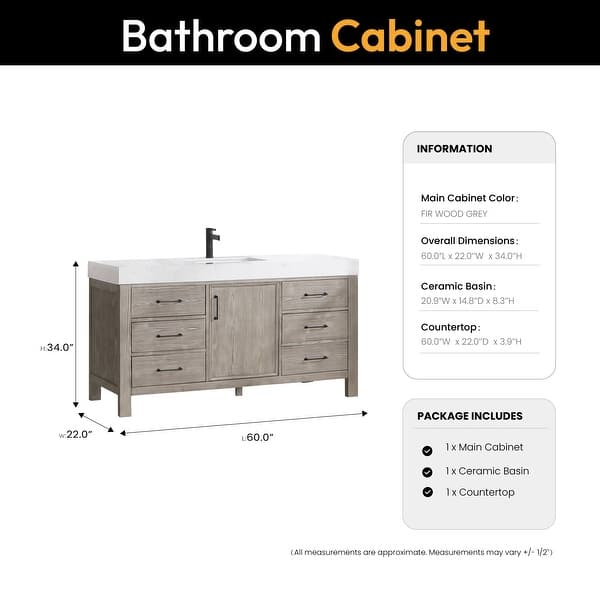 dimension image slide 1 of 8, Leon 60 in. Single Bathroom Vanity with Composite Stone Top