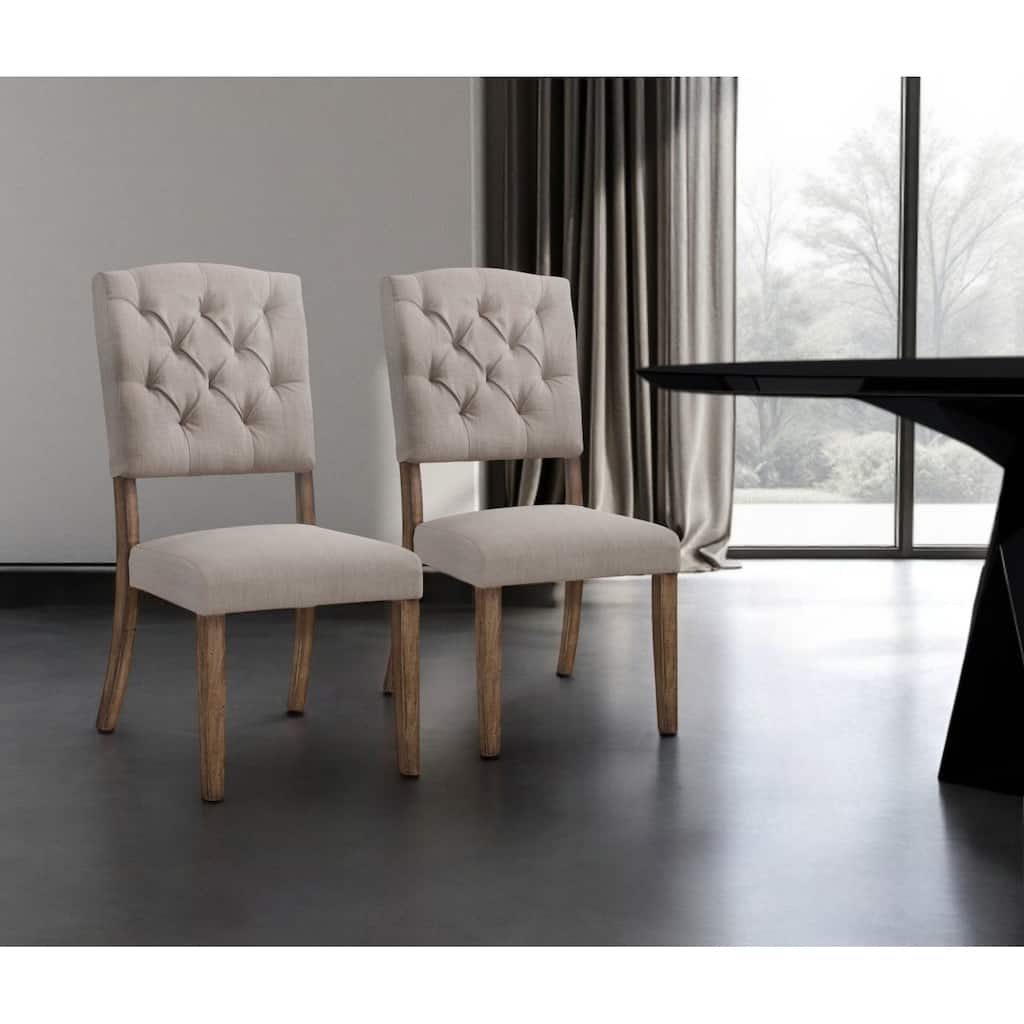 Set of Two Tufted Cream And Brown Upholstered Linen Open Back Dining Side Chairs