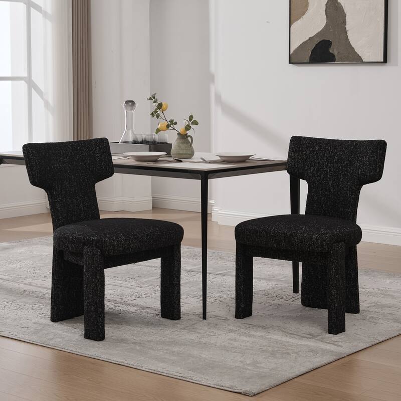 Modern Upholstered Chenille Dining Chair Set, Armless Kitchen Side Chairs Curved Back Accent Chairs w/ Wood Legs for Living Room - Black Grey Set of 2