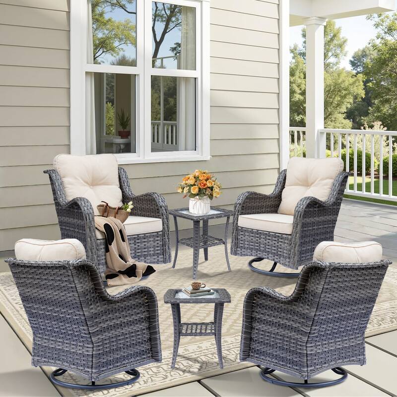Gray Rattan Outdoor Patio Conversation Sets with Swivel Rocker Chairs - 6 Piece - Beige