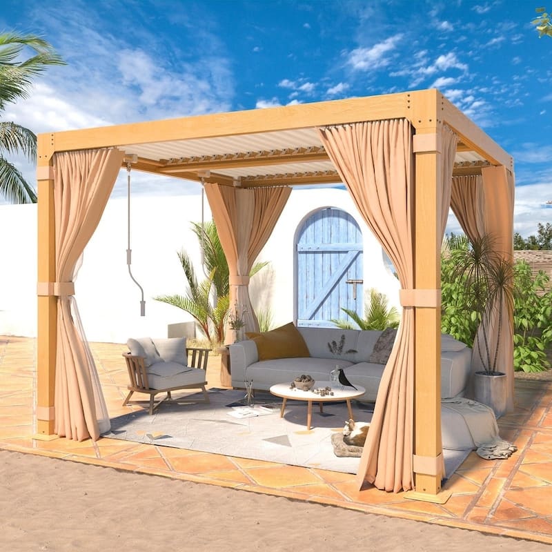 Outdoor Galvanized Steel Roof Gazebo Pergola w Wooden Coated Alumninum Frame, Privacy Curtains and Nettings Include