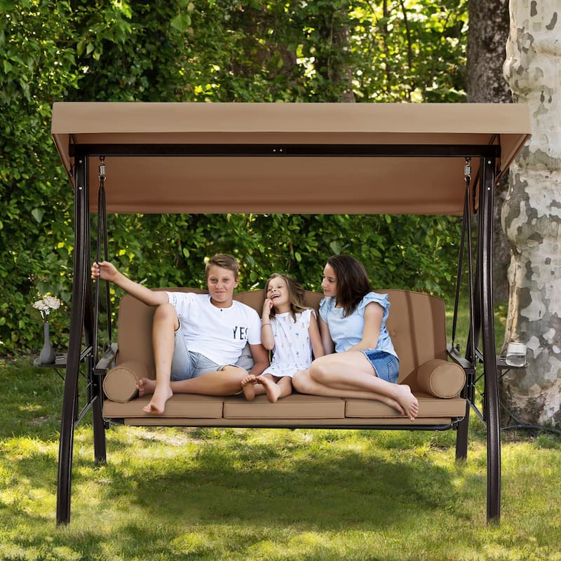 3-Seat Patio Swing with Adjustable Canopy, 750lbs Heavy Duty, Convertible Outdoor Bed, All-Weather, Cup Holders & Thick Cushions