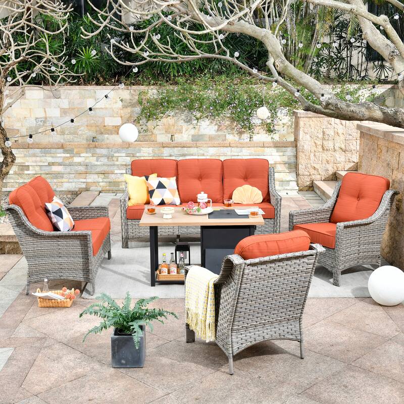 OVIOS 5-piece Patio Wicker Conversation Set With Fire Table - Red/Orange