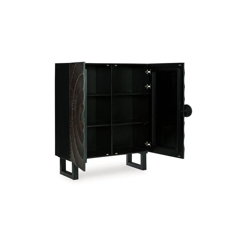 Ayma Buffet Console with 2 Doors, Carved Sunburst, Black Wood 40 Inch