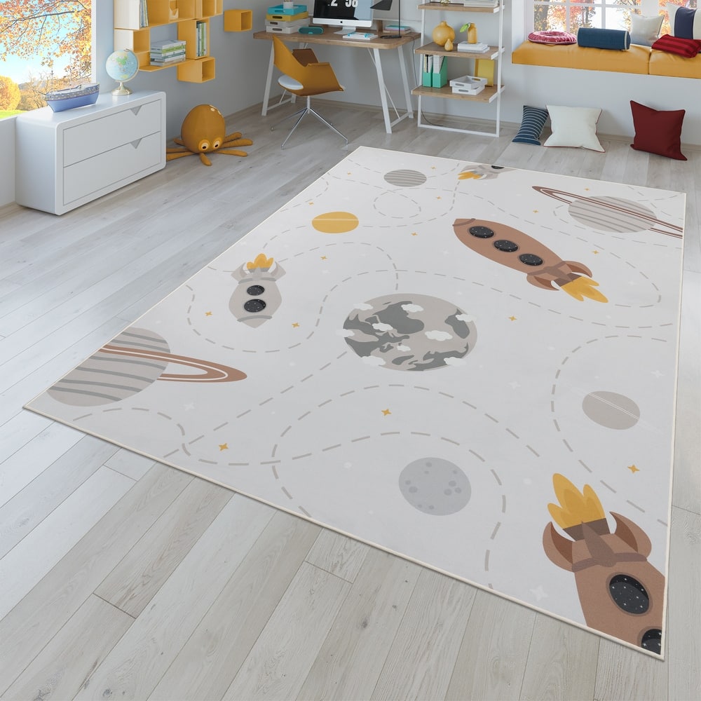 Space Kids Rug Non-Slip Play Mat with Rockets and Planets