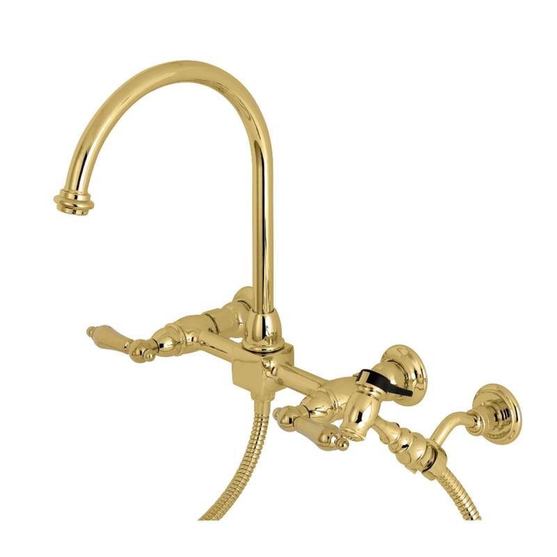 Kingston Brass Restoration Wall Mount Bridge Kitchen Faucet with Brass Sprayer - Polished Brass