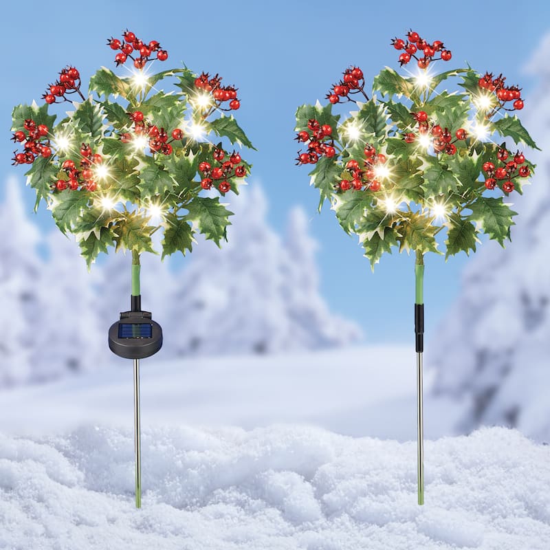 Solar Powered Holly Bush Stakes - Set of 2 - 31 x 29.5 x 10 - Green - 31 x 29.5 x 10 - Polyester