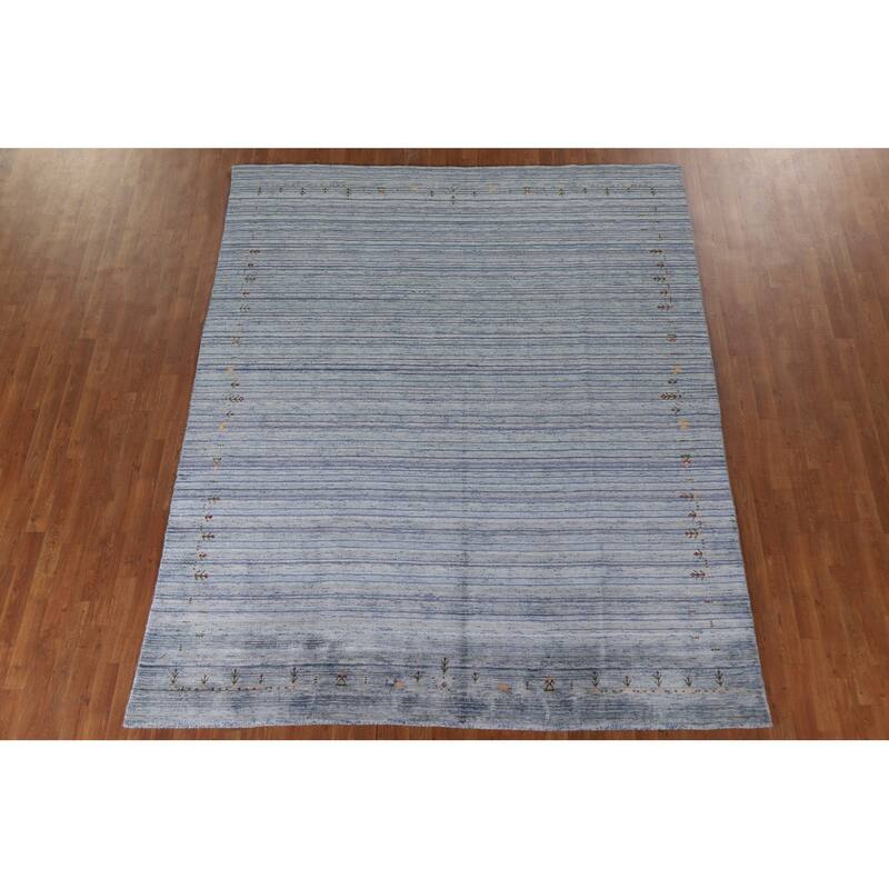 Striped Gabbeh Oriental Area Rug Handmade Blue Wool Carpet - 7'10"x 9'7"