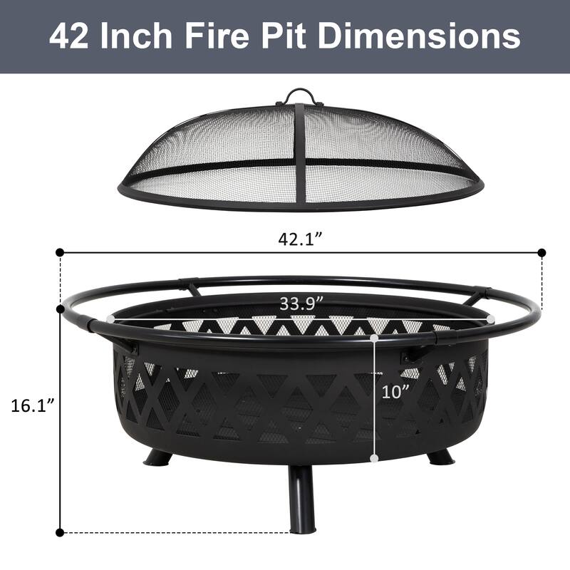 Black Cross Weave Large Round Steel Wood Burning Fire Pit with Spark Screen