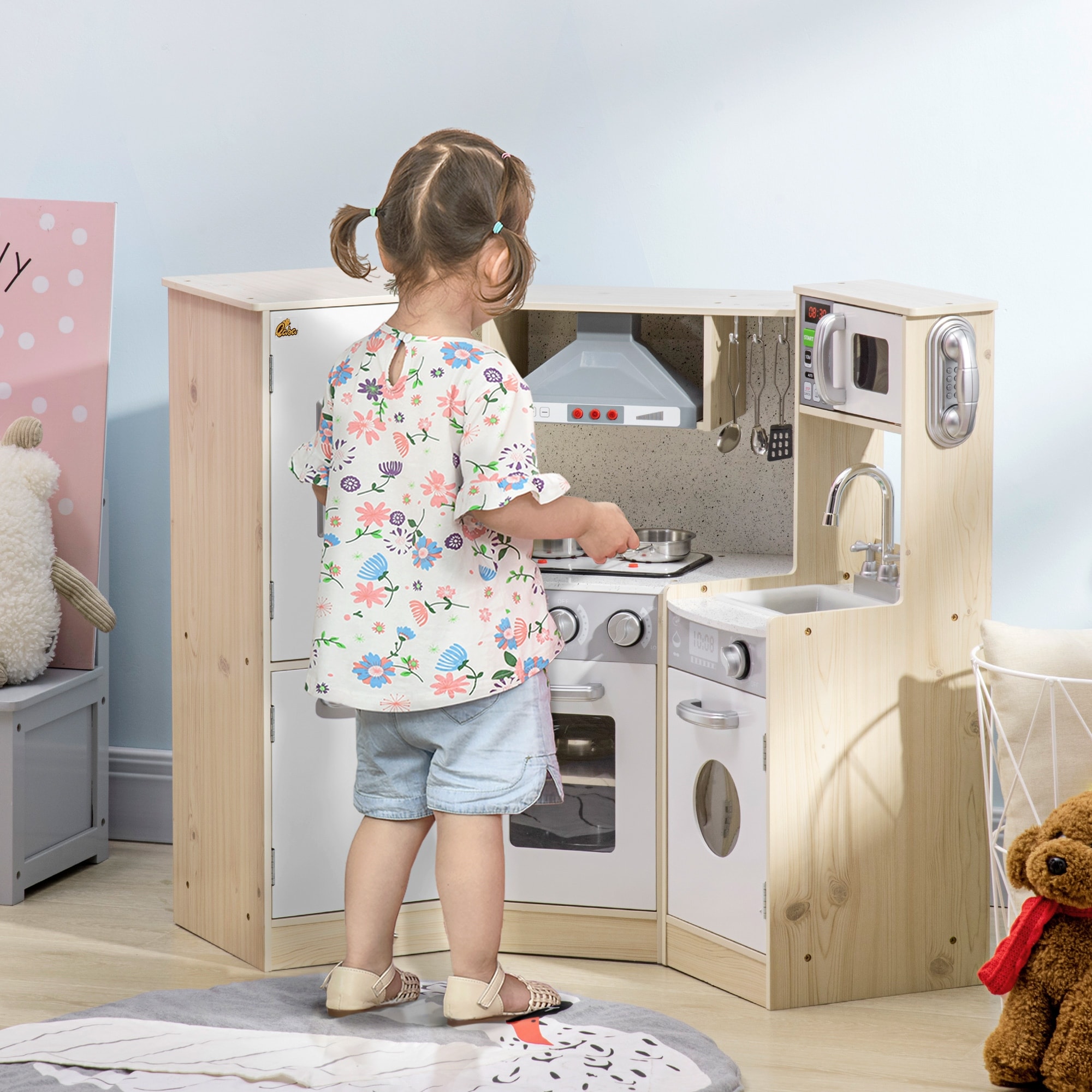 Qaba Ultra-Big Corner Kids Kitchen Playset with Sound Effects, Wooden Play Kitchen with Stainless Steel Cooking Toys
