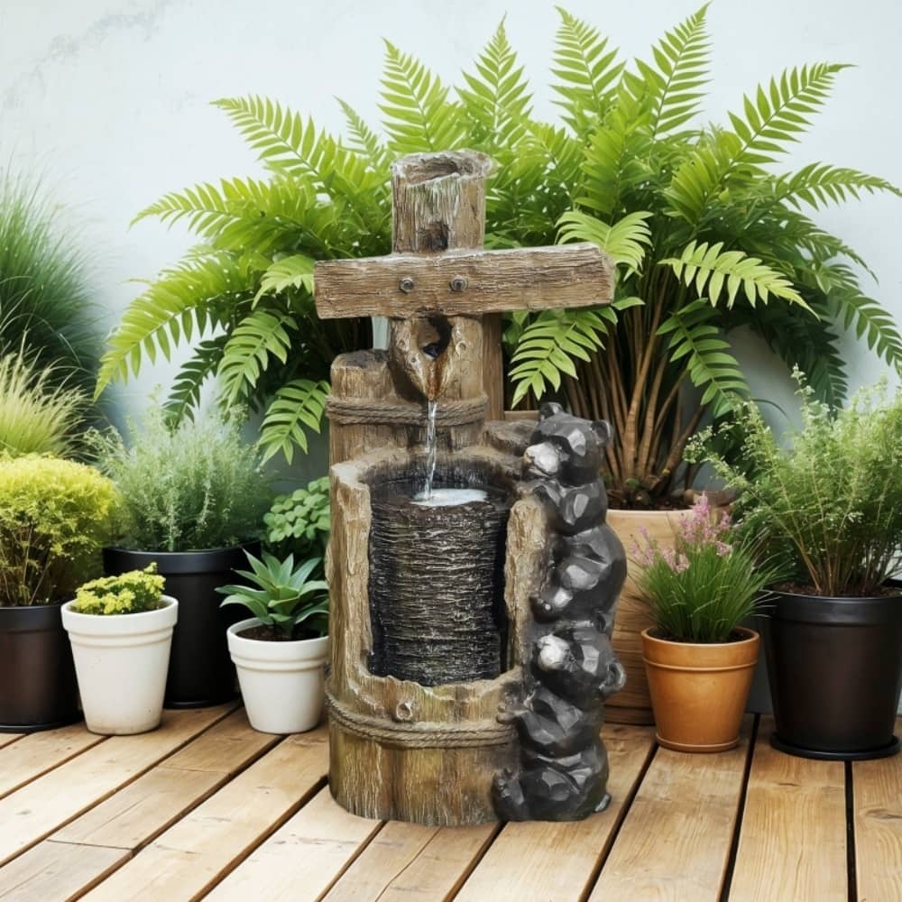 Three Tier Bear Climbing Water Fountain with LED Lights Outdoor Resin Waterfall Feature with Pump - 11.8" L × 10.2" W × 22.8" H