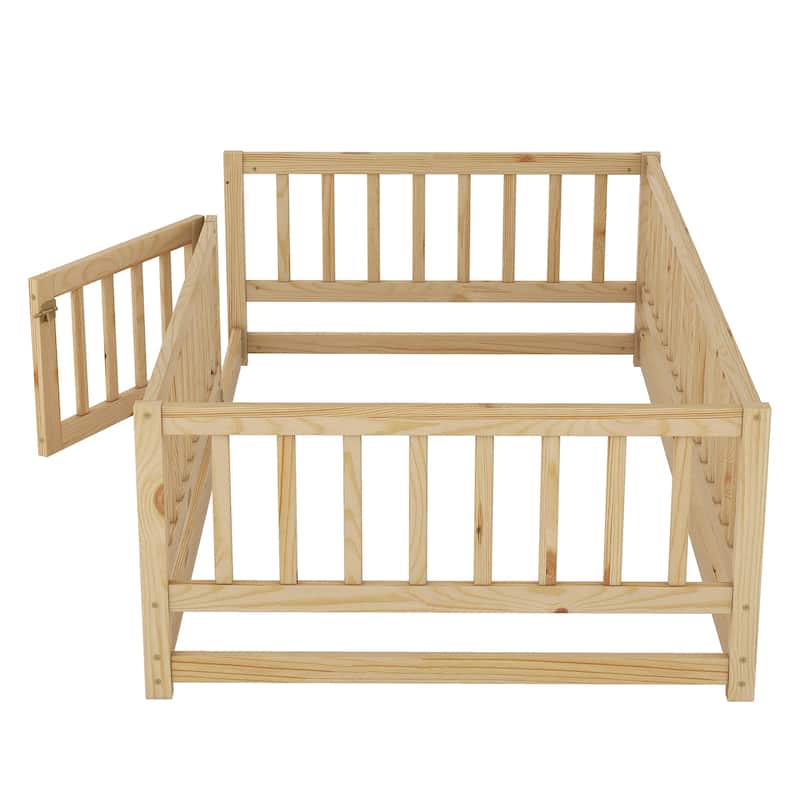 Montessori Floor Bed with Fence Guardrail and Removable Door Toddler Floor Wood Bed Frame for Kids Boys Girls Children's Room