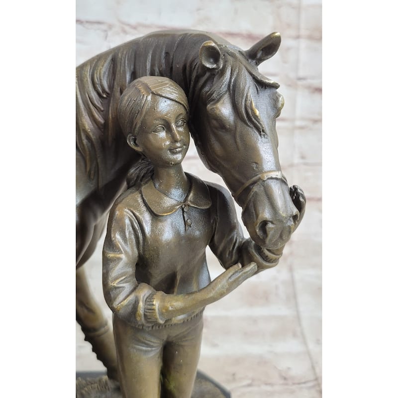 Equestrian Little Girl Child W/ Horse Bronze Statue Sculpture Figurine 11 Inches X 12 Inches
