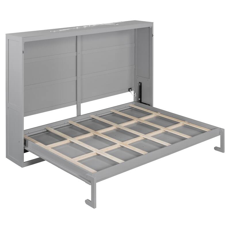 Queen Size Wall Bed with LED Lights, Space-Saving Modern Design, Gray