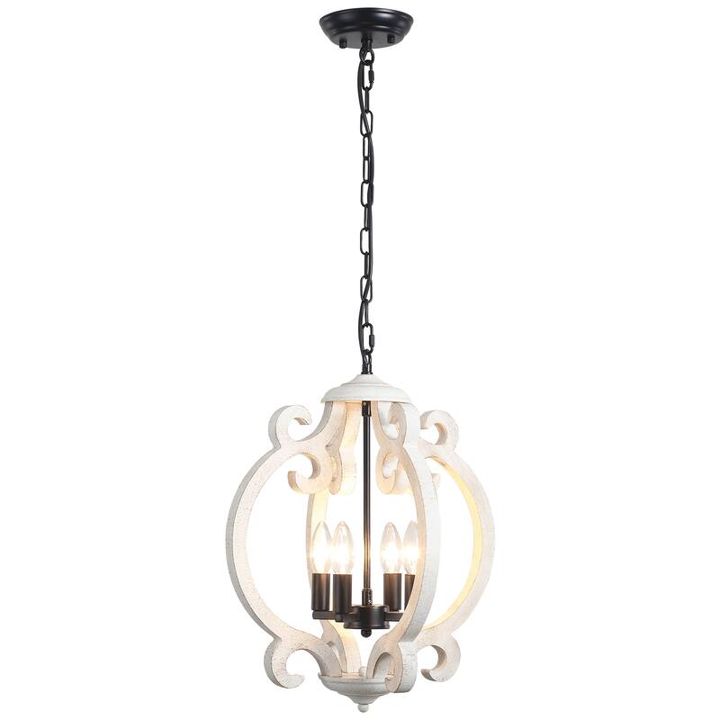 4-Light Antique Wood French Country Chandelier Vintage Pendant for Dining Room