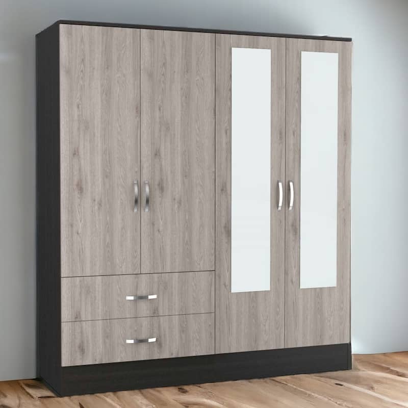 HomeRoots 71" Light Oak and Black Four Door Wardrobe Closet with Mirrors
