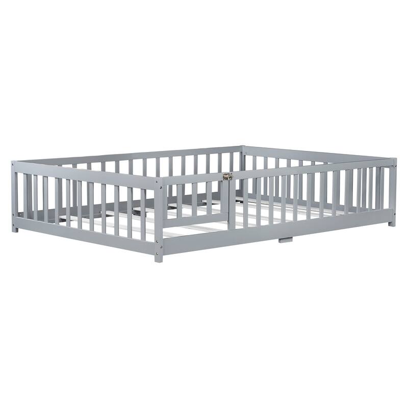 White Full Size Wooden Floor Bed with Fence & Door, Rubber, Safety Guardrails