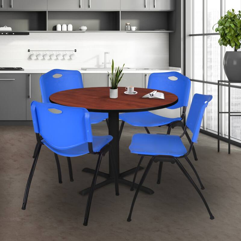 Round 48-inch Table and 4 'M' Stackable Blue Chairs