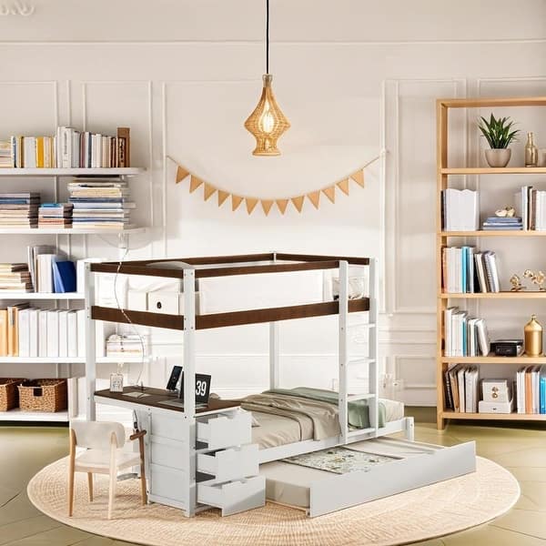 slide 2 of 36, Classic Elegant Twin Over Twin Bunk Bed with Twin size Trundle, Storage and Desk White+Walnut