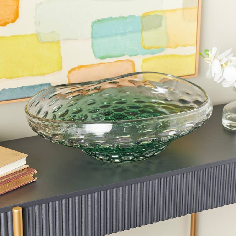 Black or Green Glass Handmade Abstract Wavy Ombre Decorative Bowl with Bubble Texturing - Green