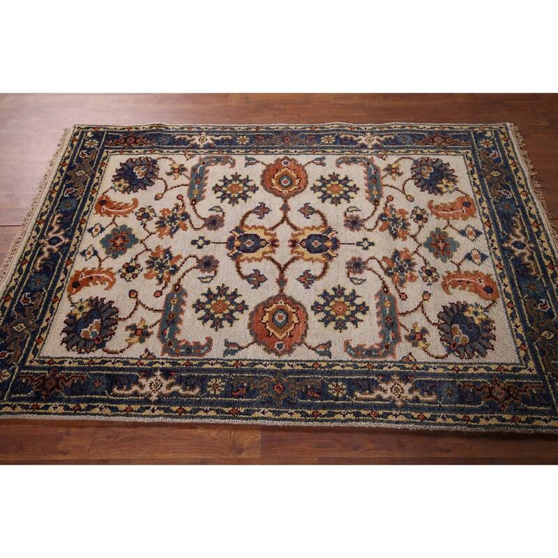 Oushak Indian Area Rug Handmade Floral Beige Wool Carpet - 4'1"x 5'11"