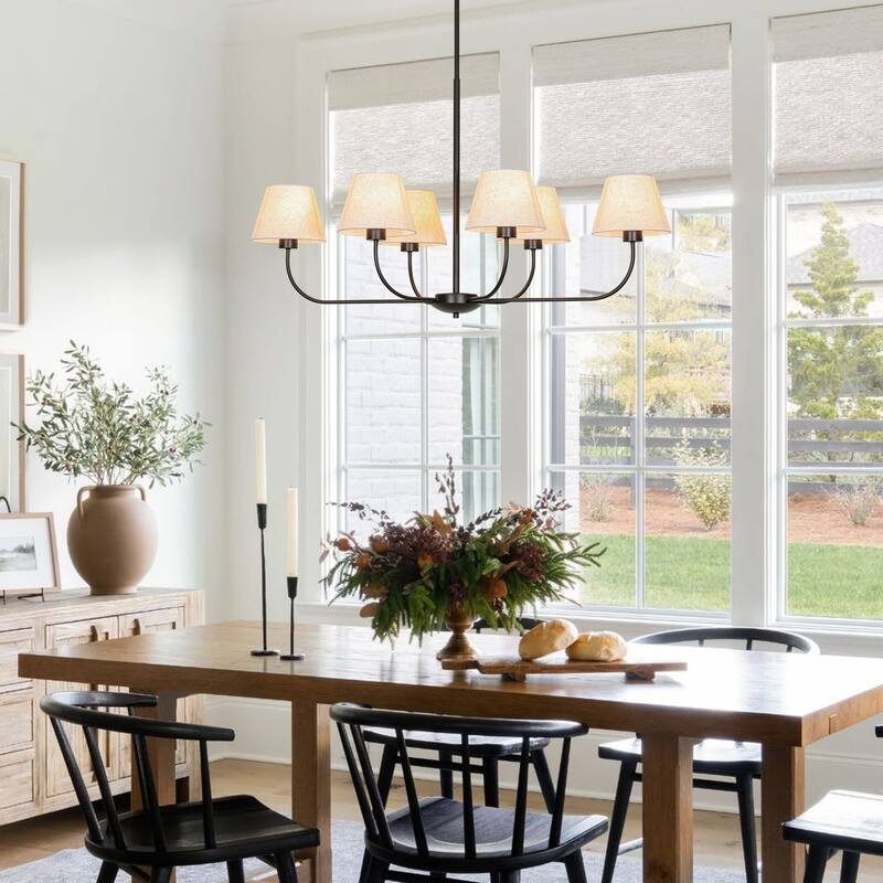 39.37 in. 6-Light Modern Farmhouse Sputnik Black Linear Chandelier with Linen Fabric Shades