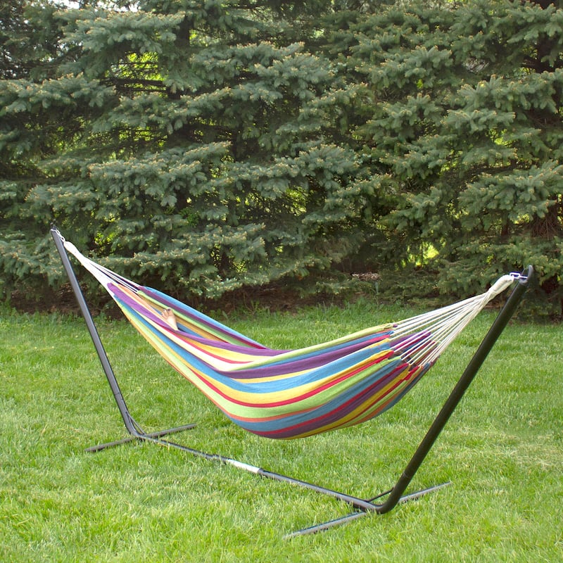 72" Yellow and Blue Striped Woven Double Brazilian Hammock - 73"