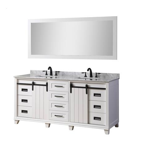 Chanceton 72 in. Bath and Makeup Hybrid Vanity in White with White Carrara Marble Top with white basins and 1 Large Mirror