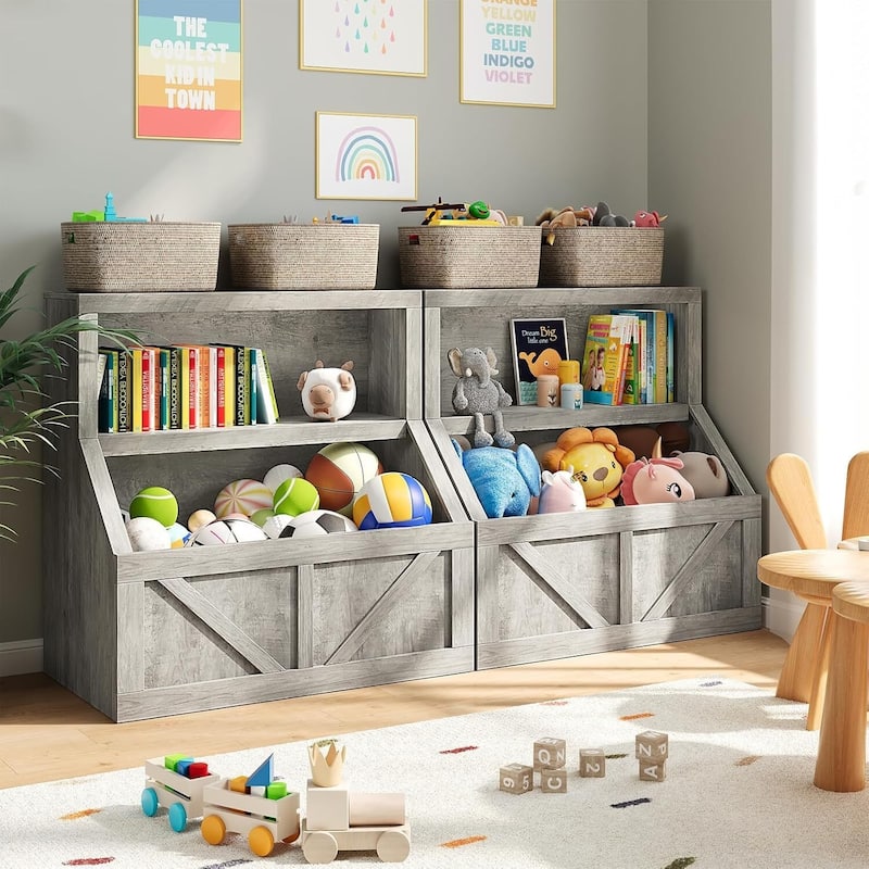 Kids Bookshelf, Wooden Toy Storage Organizer with Cubby - Grey