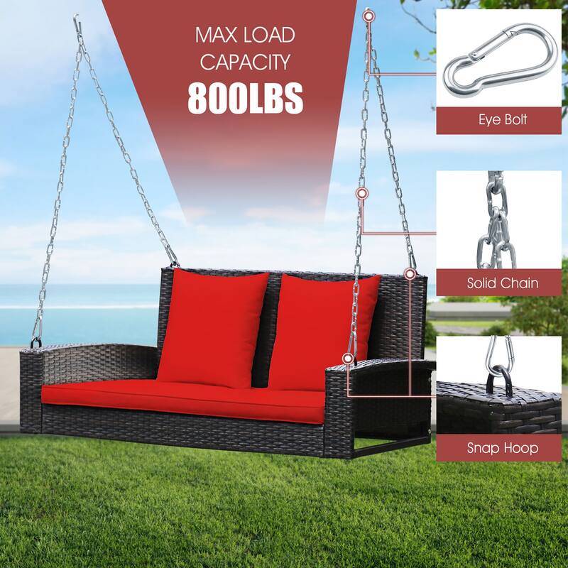 Costway 2-Person Patio Rattan Hanging Porch Swing Bench Chair Cushion