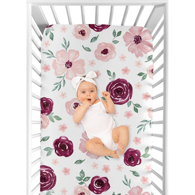 Burgundy and Pink Watercolor Floral Girl Fitted Crib Sheet - Blush Maroon Wine Rose Green and White Shabby Chic Flower Farmhouse