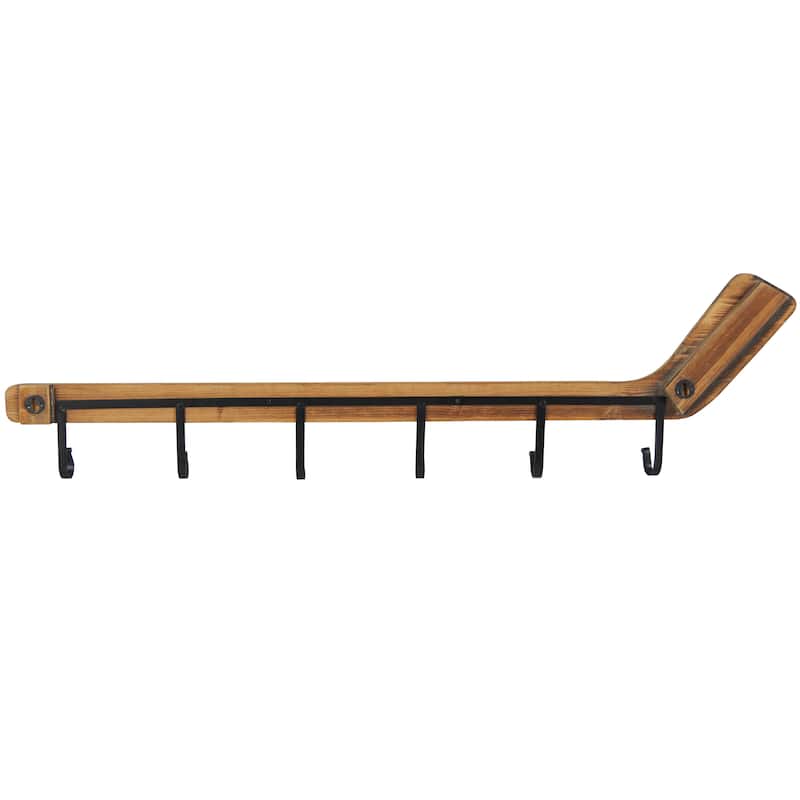 Wood Hockey Stick 6 Hangers Wall Hook - Brown - Roche River Decor - 2"W x 40"L x 11"H